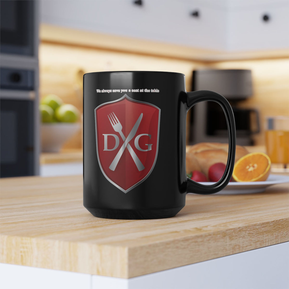DNG Shield and Fireball Black Coffee Mug — 'We Always Save You a Seat at the Table' 11oz/15oz