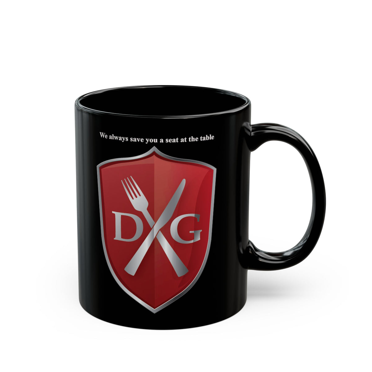 DNG Shield and Fireball Black Coffee Mug — 'We Always Save You a Seat at the Table' 11oz/15oz