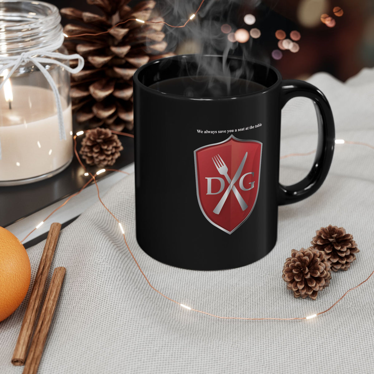 Dinner and a Game Mug — 'We always save you a seat at the table' Gaming Coffee Cup
