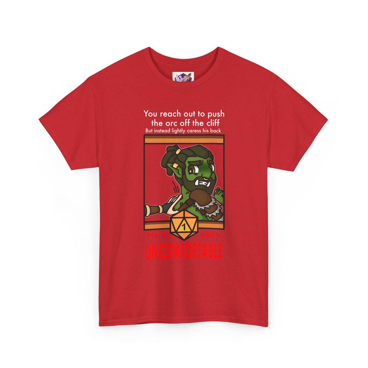 You reach to push the orc off the cliff but...