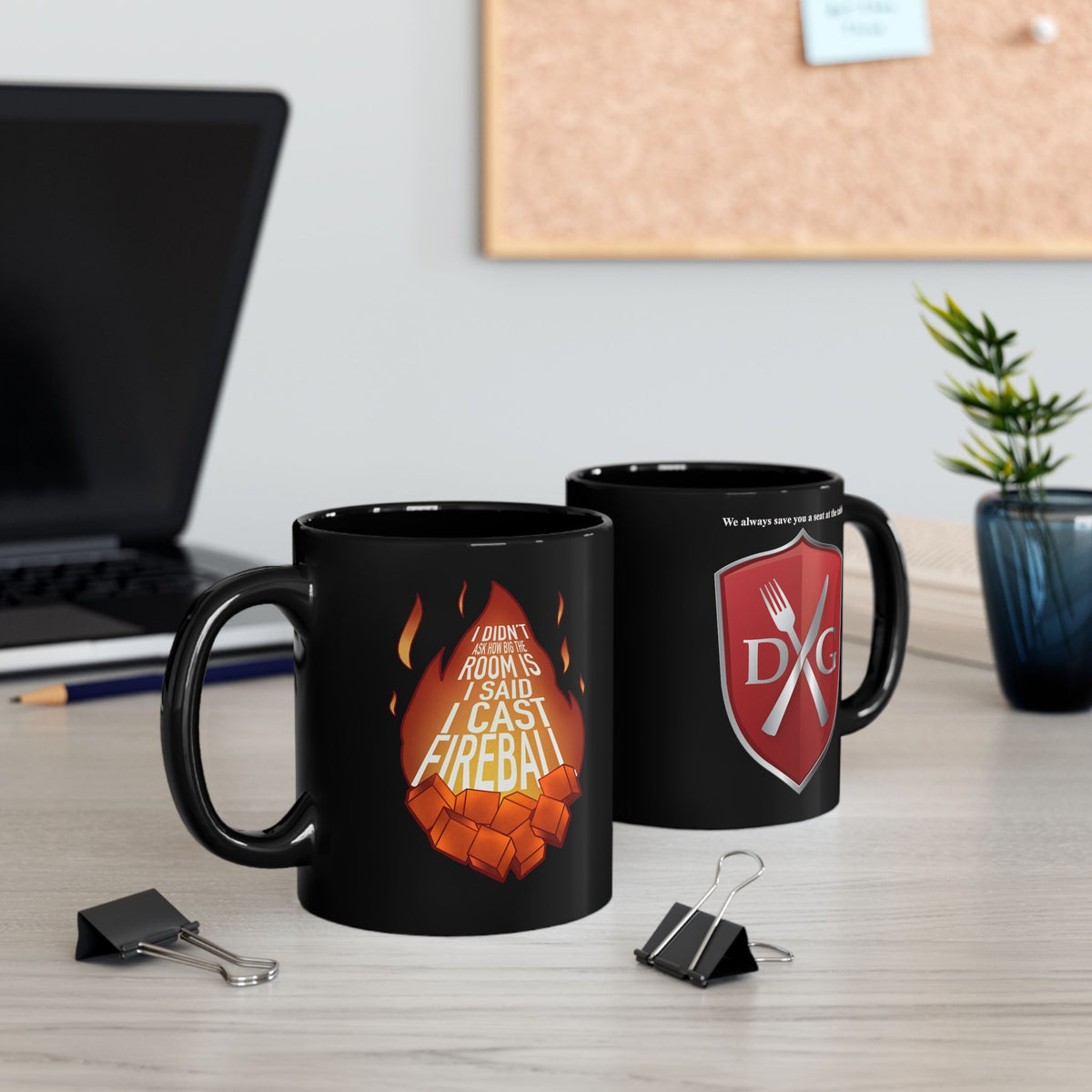 DNG Shield and Fireball Black Coffee Mug — 'We Always Save You a Seat at the Table' 11oz/15oz