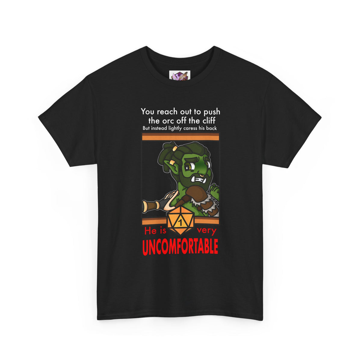 You reach to push the orc off the cliff but...